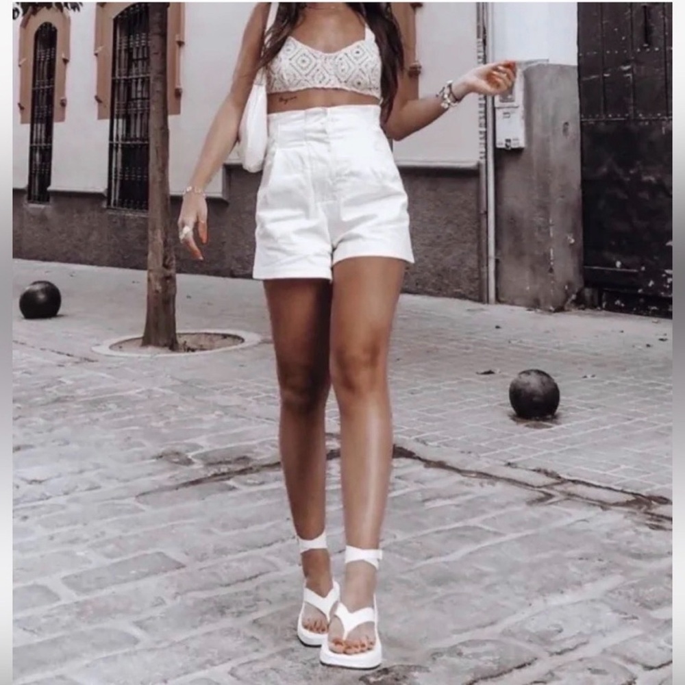 Zara White Platform Ankle-Wrap Sandals